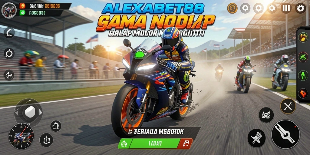 Gameplay seru ALEXABET88 saat balapan motor di lintasan menantang.