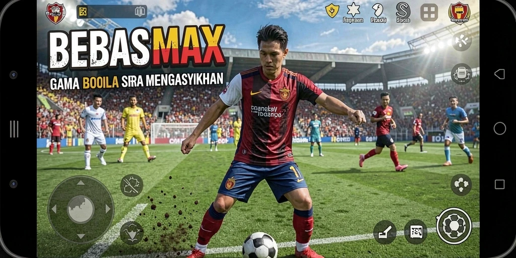 Screenshot gameplay BEBASMAX menunjukkan aksi mendebarkan di lapangan sepak bola.