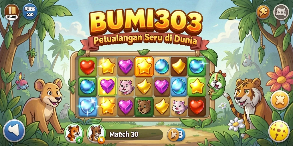 Tampilan gameplay Match-3 BUMI303 yang menarik dan berwarna-warni.