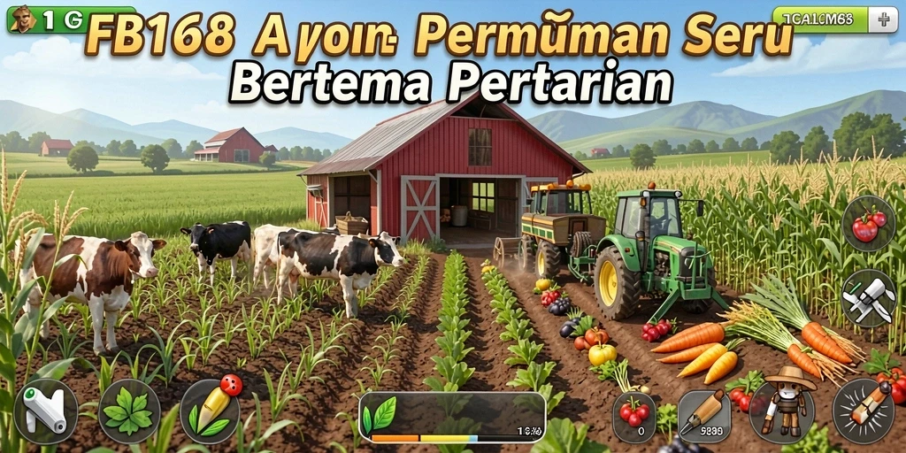 Screenshot gameplay FB168 dengan berbagai tanaman dan alat pertanian.