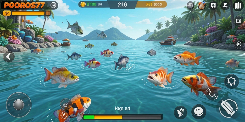 Tampilan gameplay seru dari POROS77 dalam memancing ikan.