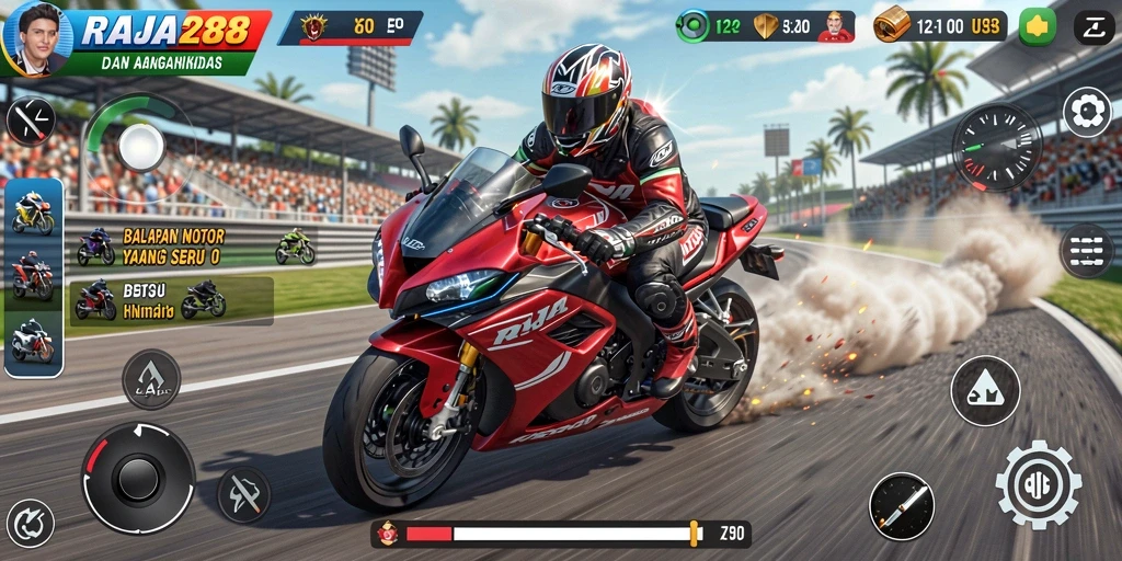 Screenshot gameplay RAJA288 yang menampilkan balapan motor yang seru.