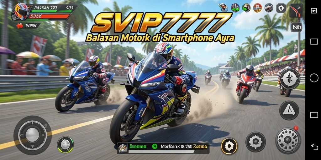Tampilan gameplay seru dengan motor balap di lintasan yang dinamis.